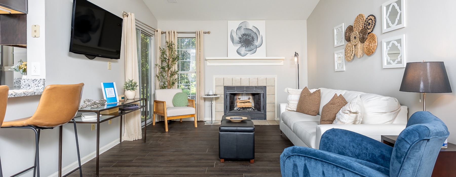 Styled apartment living room with dark wood floors